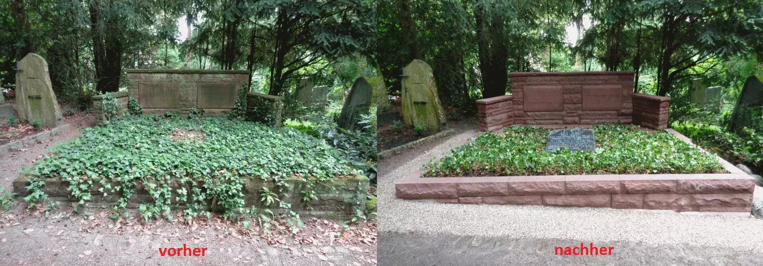 Großer Grabstein als Familiengrab vorher und nachher saniert