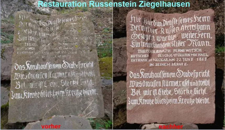 Inschirft auf einer Steintafel vorher und nacher auf einem Friedhof