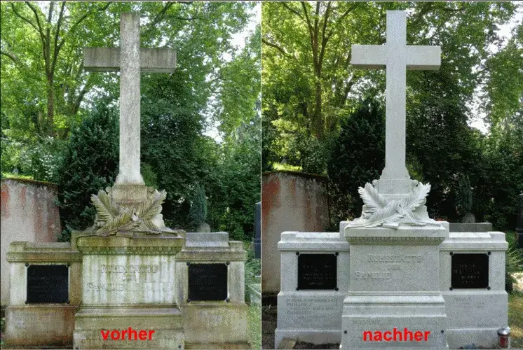 Grab mit großem Kreuz voher und nachher restauriert