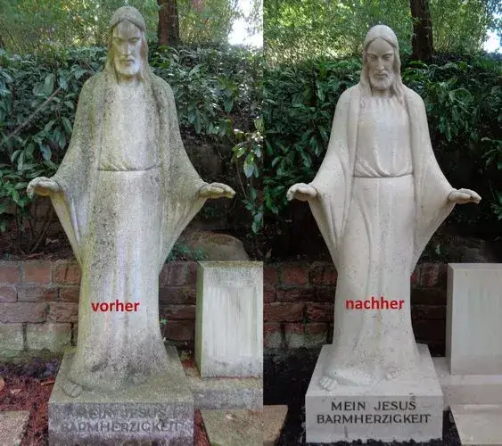Grabstein Jesus vorher und nacher auf einem Friedhof