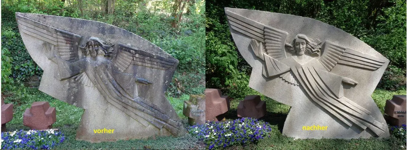 Grabstein Engel vorher und nacher auf einem Friedhof