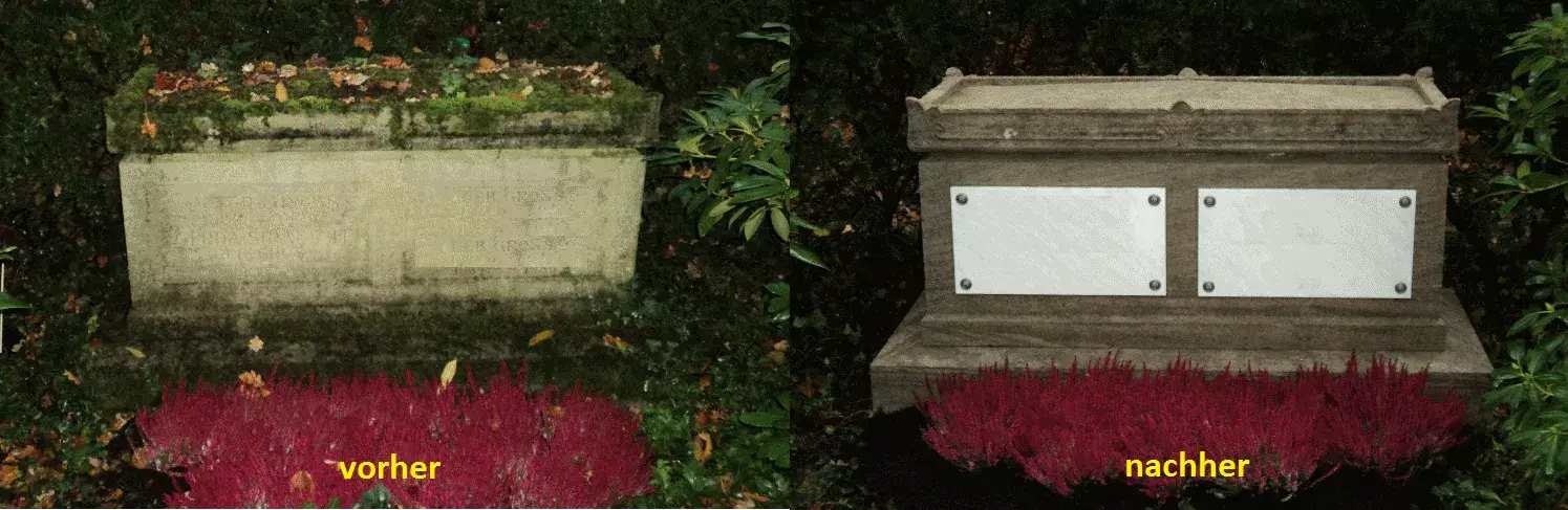 Großer Grabstein vorher und nachher saniert